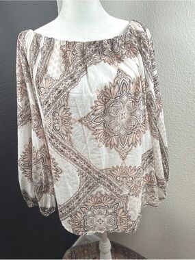 Olivaceous Cream and Beige Paisley Off-Shoulder Blouse